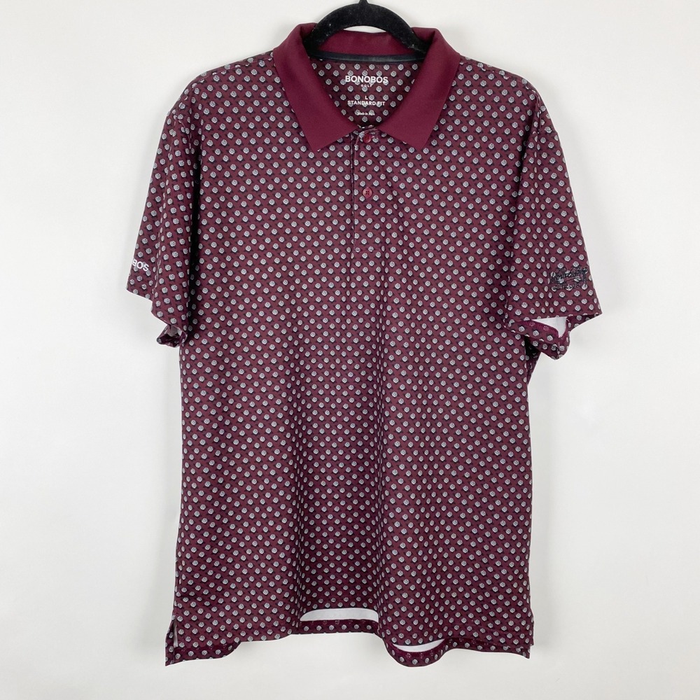 BONOBOS Mens Golf Polo Shirt‎ Burgundy Rose Print Standard Fit Size Large